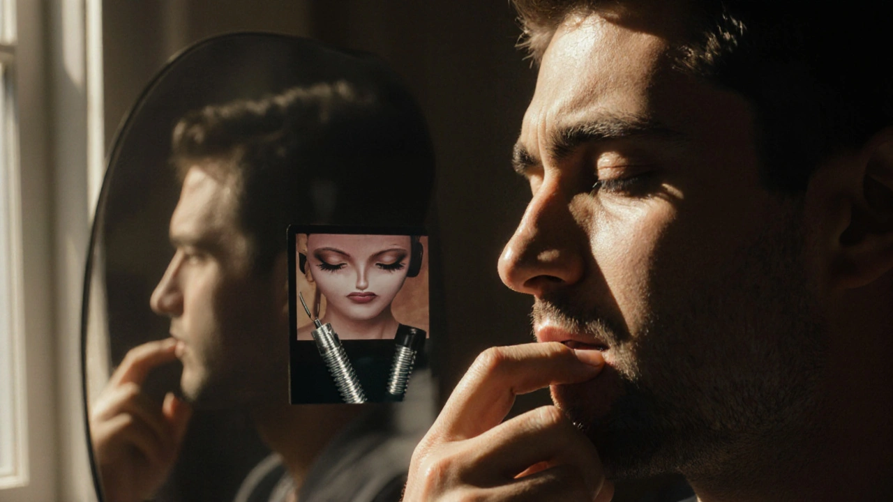 Muž se dotýká rtů, oči zavřené, slzy na očích — za ním zrcadlo odhaluje před a po snímku jeho úsměvu.