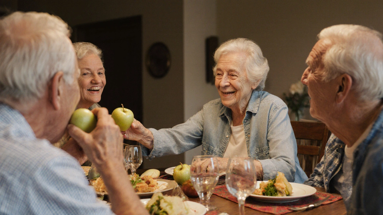 Skupina lidí v různém věku se směje za večeří, kousají jablka a mluví volně s přirozenými zuby.