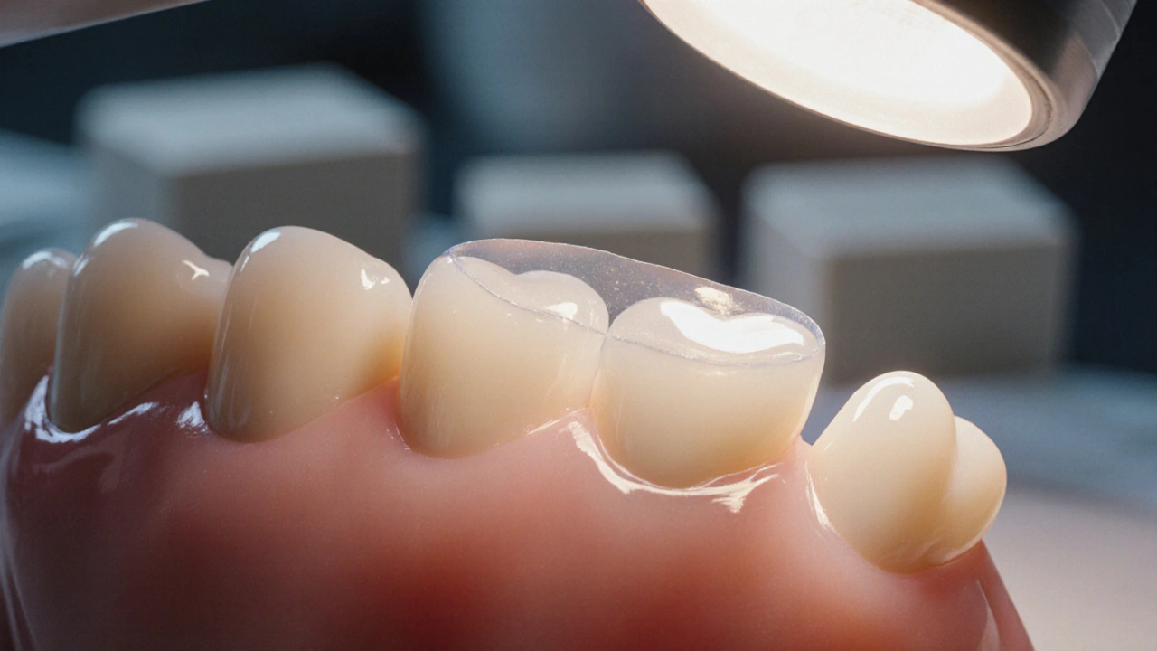 Detail keramické onlay pod světlem, která se slévá s přirozeným zubem.