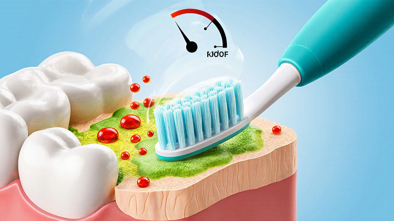 Detailní výřez zubu ukazuje plak, kyseliny a vlákna Curaprox kartáčku odstraňující nečistoty.