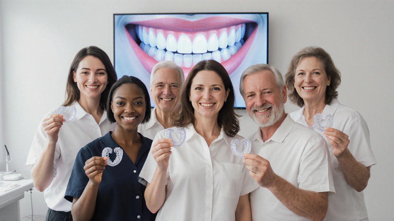 Dospělí v klinice drží průhledná rovnátka, za nimi digitální animace posunutí zubů.