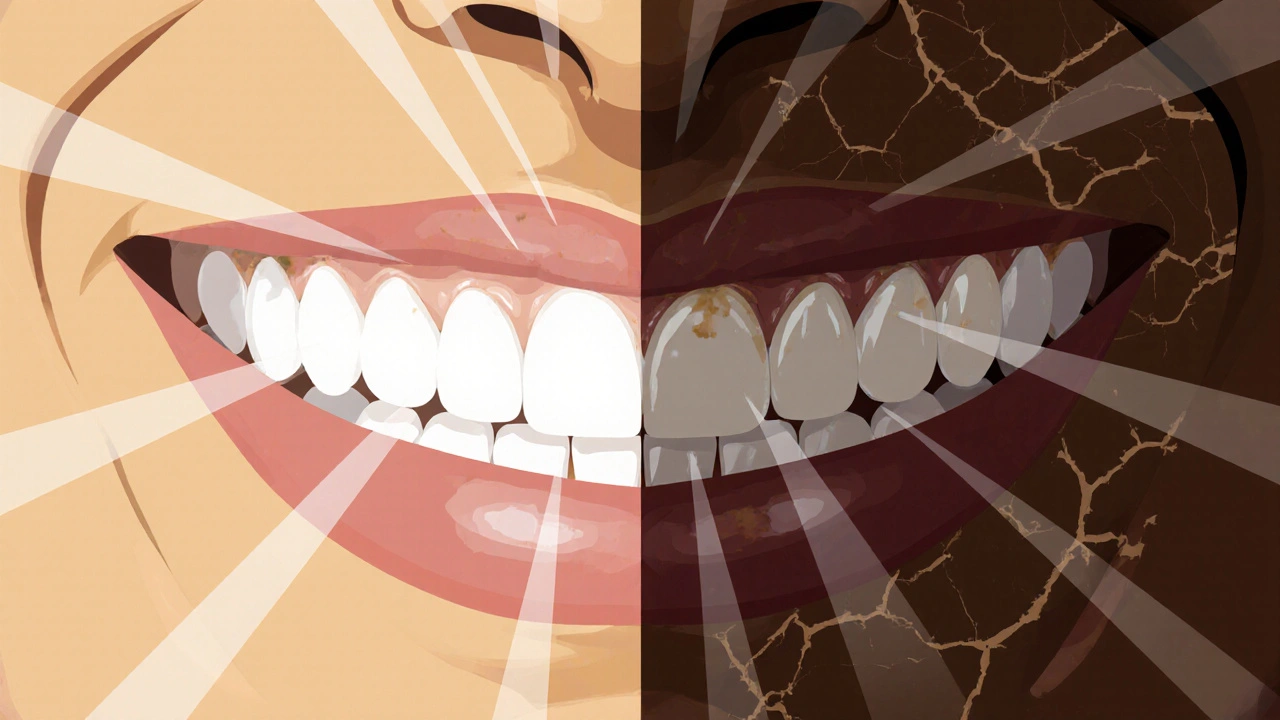 Dvě sady zubů: jedna s přirozenou žlutou barvou, druhá s tmavými skvrnami od kávy a tabáku.