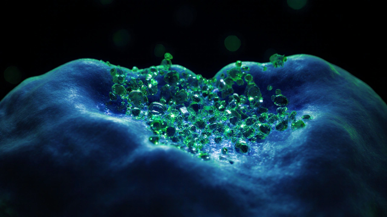 Mikroskopický pohled na nanokompozitní sklovinu v plombě, částice jako skládačka odolávající mikrotrhlinám.