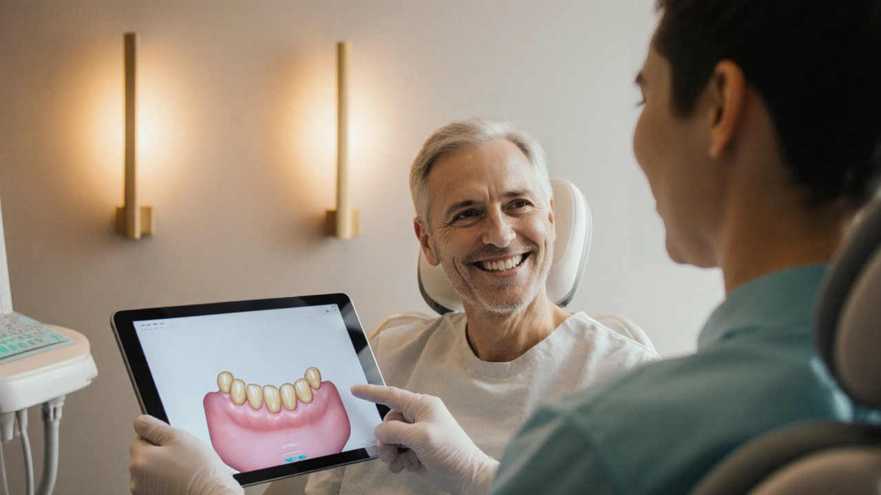 Pacient a zubař diskutují o léčbě v příjemném prostředí po dokončení trvalé výplně.