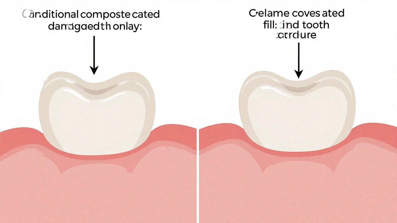 Porovnání poškozeného zubu, kompozitní výplně a keramické onlay.