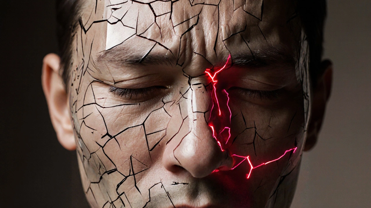 Průhledná prasklá maska na tváři, pod ní zářící nervové vlákna.