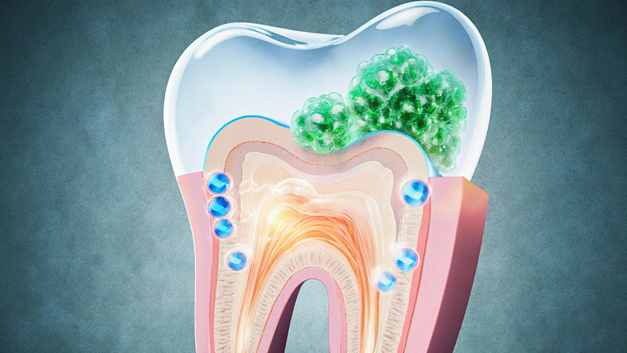 Řez zubu ukazuje působení peroxidu na sklovinu a dentin.
