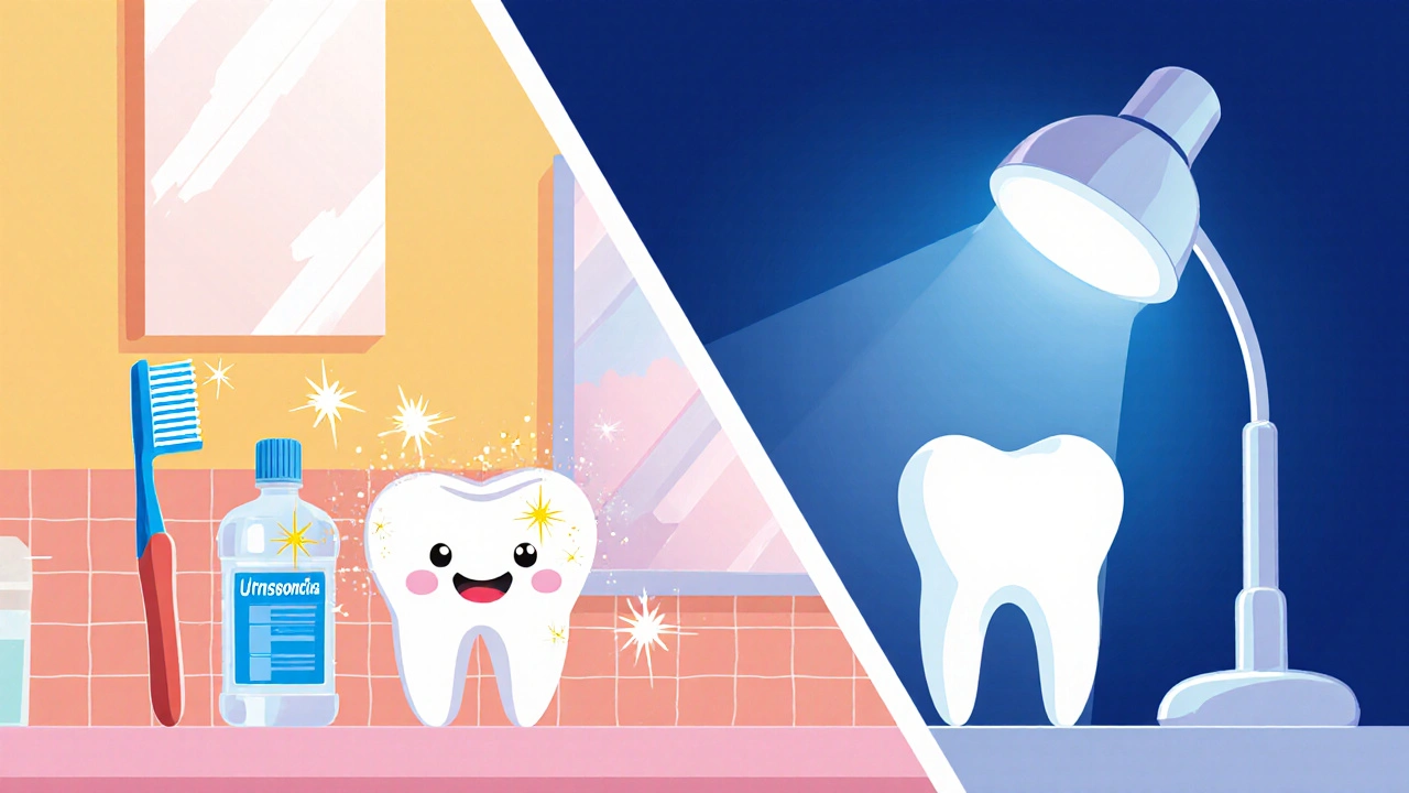 Rozdělený obrázek: domácí péče vlevo, profesionální čištění vpravo.