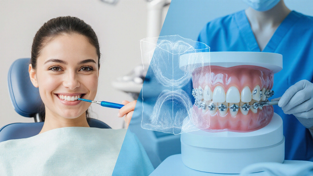 Rozdělený snímek dentální kliniky: přirozený úsměv, fazeta a ortodoncie.