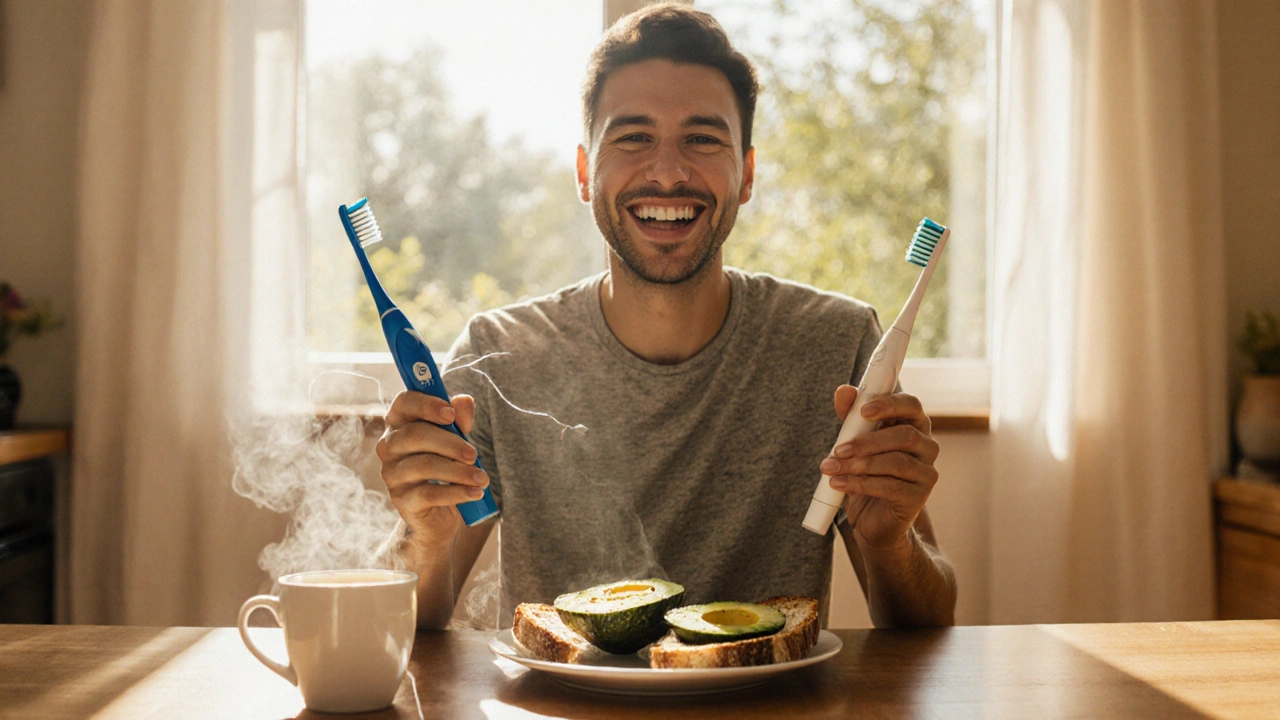Šťastná osoba s čistými zuby sedí u snídaně, drží kartáček a dentální nit.