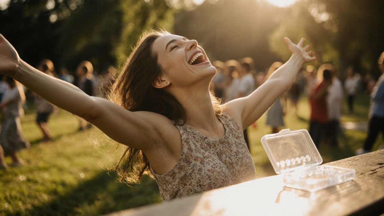 Žena směje se v parku, bez rovnátka — na benchu leží pouze případ pro rovnátka.