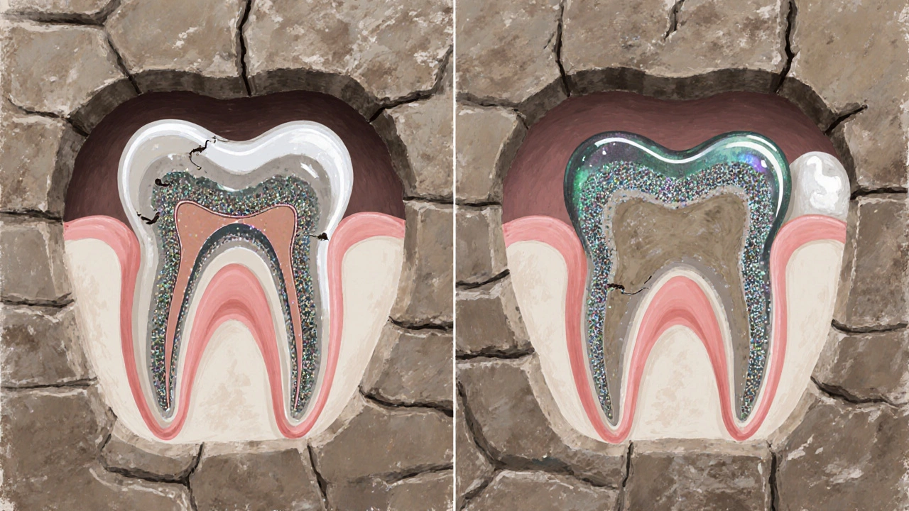 Zub jako kámen v zídce, silná malta s sklovinou udržuje strukturu proti tlaku, slabá malta praská.