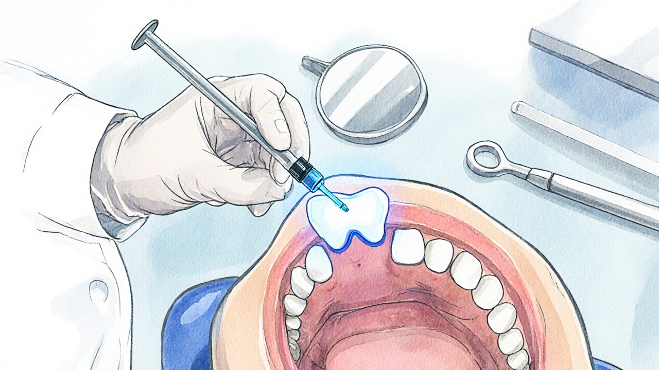 Zubař aplikuje dočasnou výplň na poškozený zub v moderní ordinaci.
