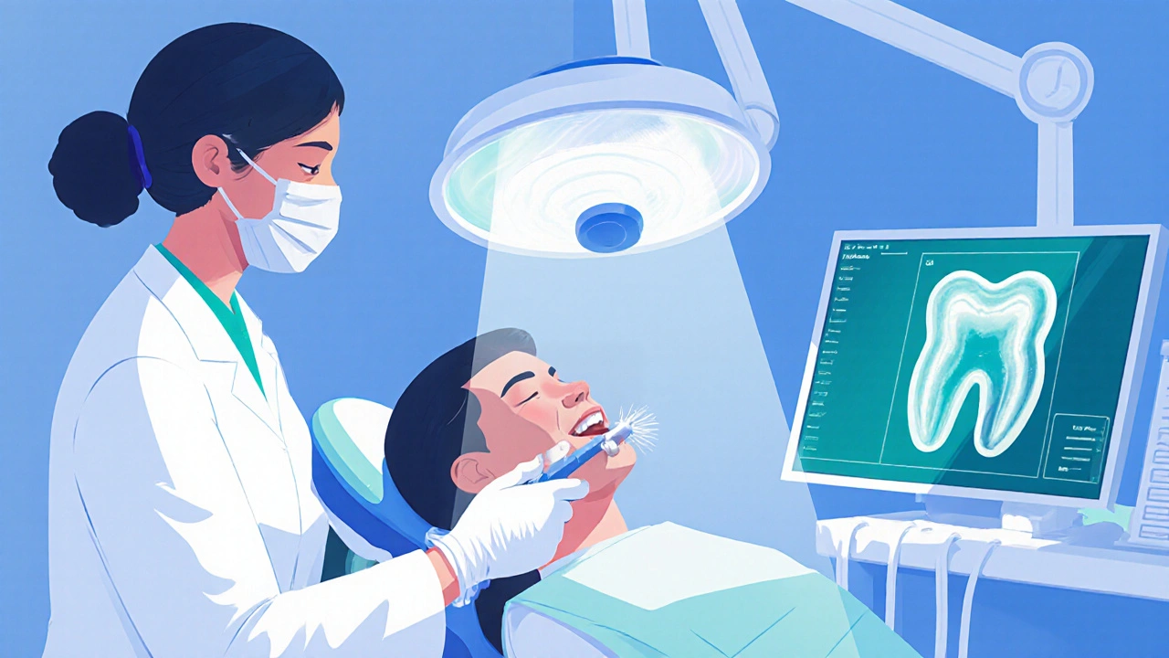 Zubní hygienistka používá ultrazvukový čistič na pacientovi v klinice.