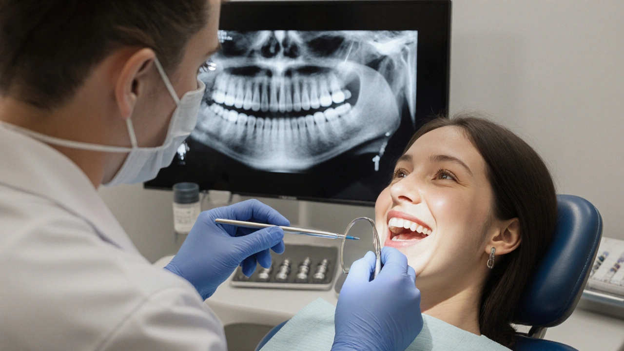 Zubní lékař kontroluje rozbitý zub u pacienta, zobrazují se radiografie a nástroje pro opravu.