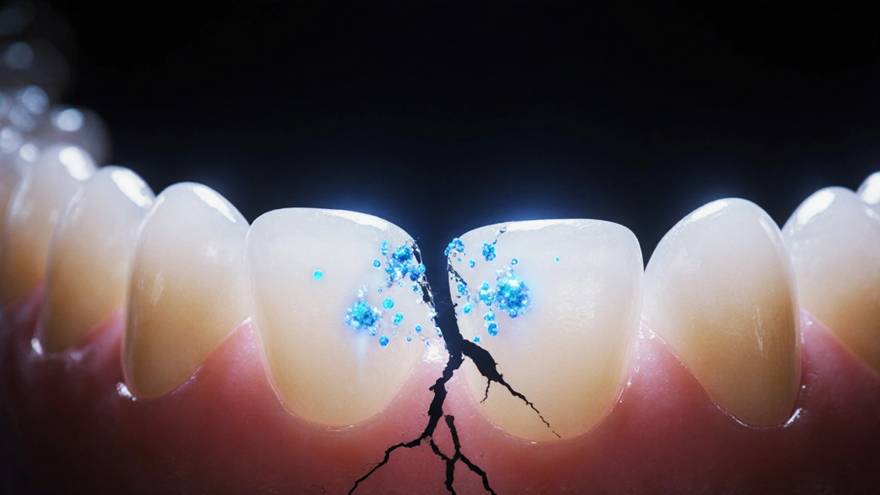 Zvětšený pohled na poškozenou sklovinku zubu s otevřenými mikroskopickými trubkami.