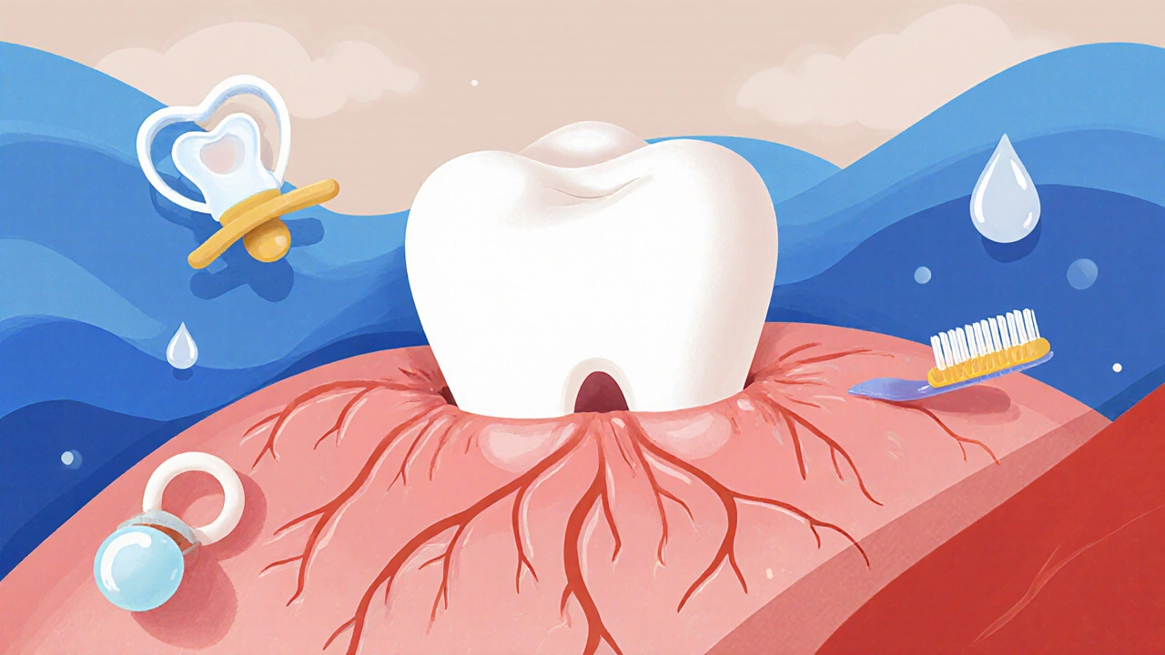 Abstraktní vyobrazení vyrážejícího zoubku z oteklých dásní s prvky úlevy a bolesti.