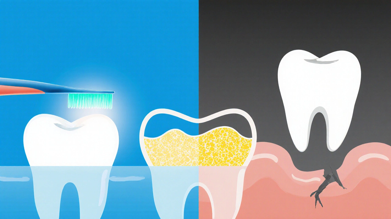 Časová osa zubního zdraví: od zdravých zubů přes kámen k ztrátě zubu.