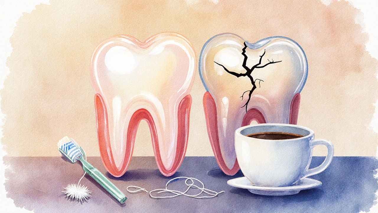 Ceramic veneer beside a cracked tooth and night guard, symbolizing care vs. risk.
