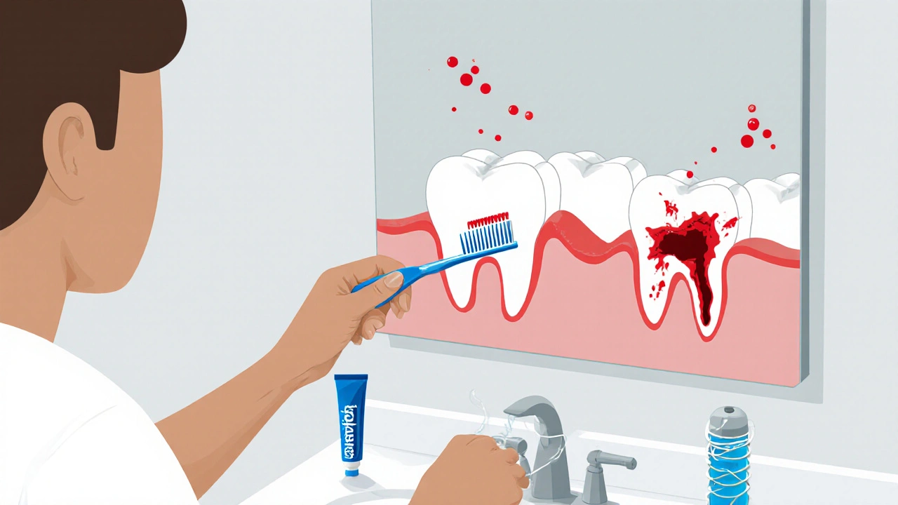 Člověk čistí zuby fluoridovou pastou s náznakem bakterií a kyseliny
