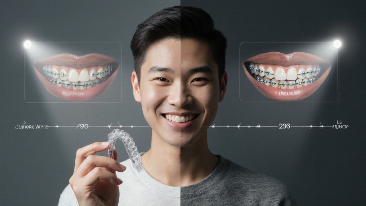 Člověk drží retentor a smíře se, symbolizující úspěšnou ortodontickou léčbu.