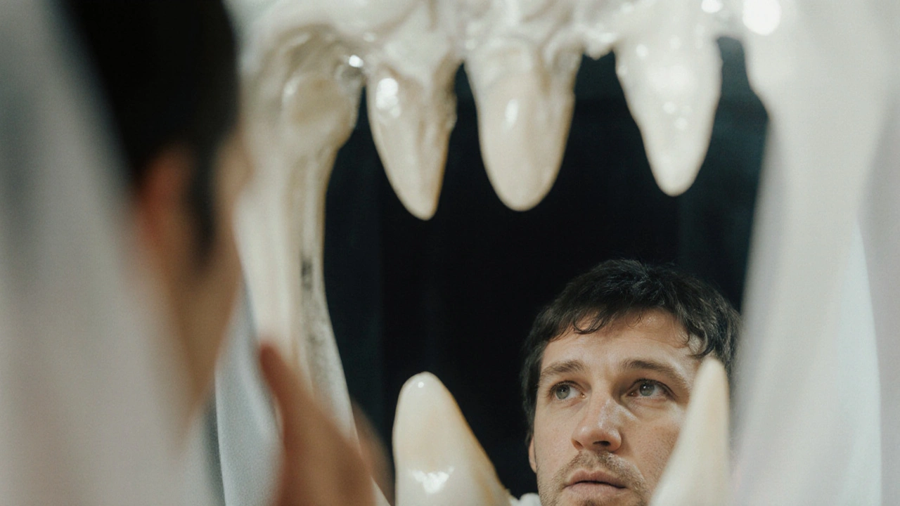 Člověk v zrcadle s viditelně stahujícími se dásněmi a volným zubem.