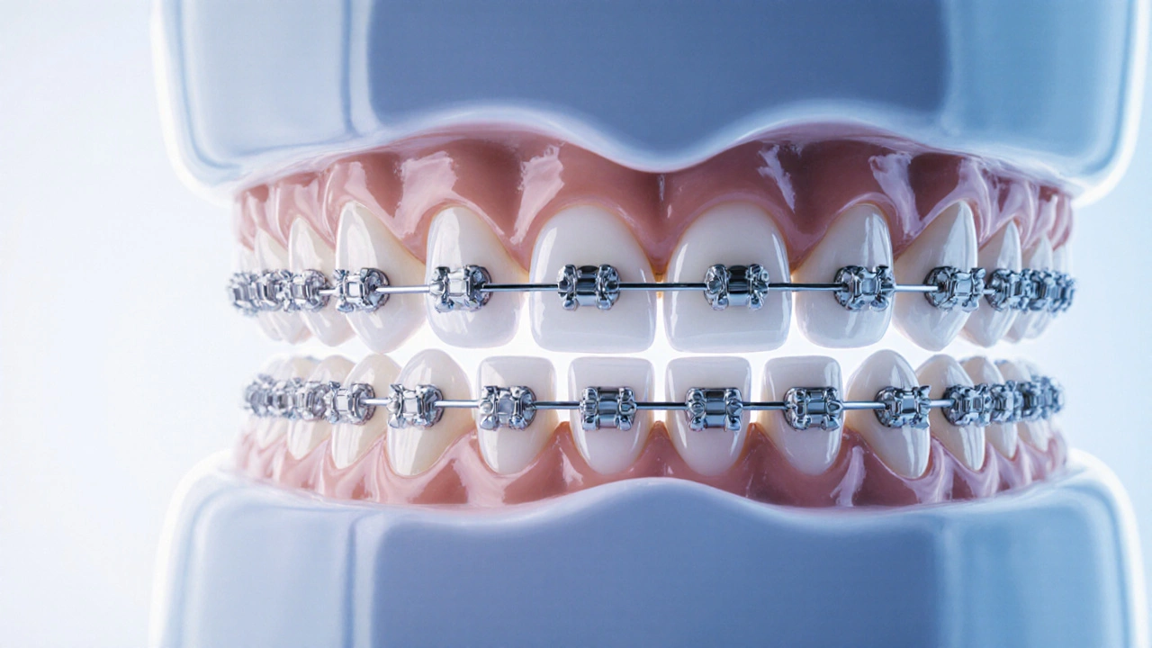 Detail fixních rovnátek s keramickými držáky a tenkými drátky na zubech.