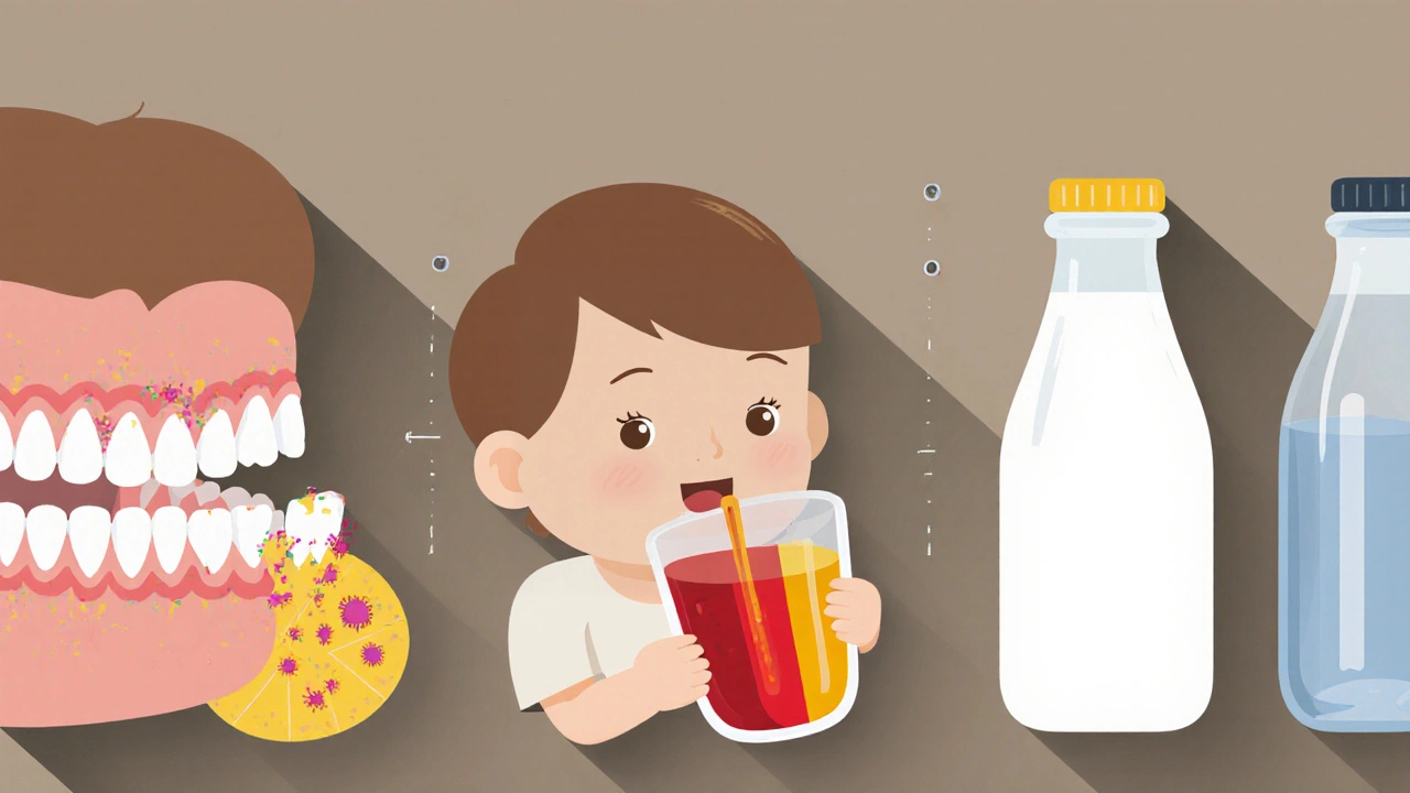 Dítě pije šťávu z lahvičky, zatímco na zubech se tvoří plak, vedle jsou voda a mléko.