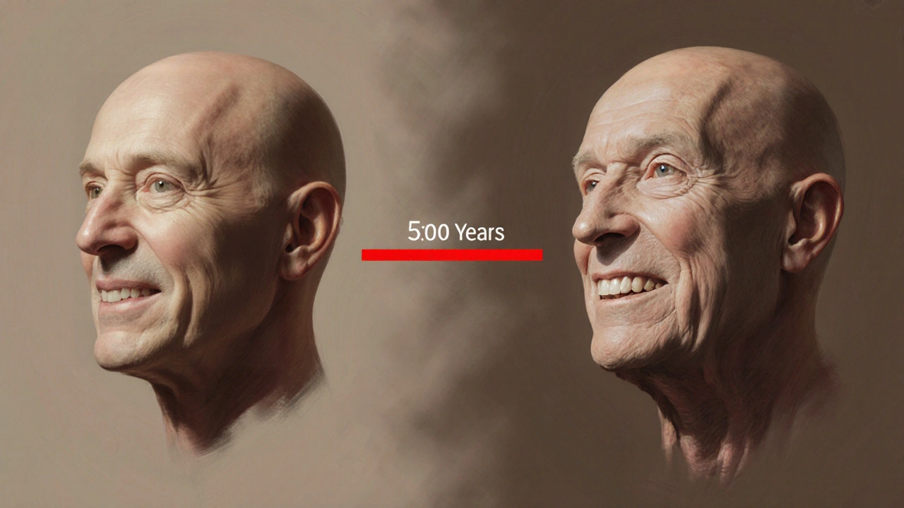 Konceptuální obrázek tváře před a po pěti letech s nesprávnou protézou.