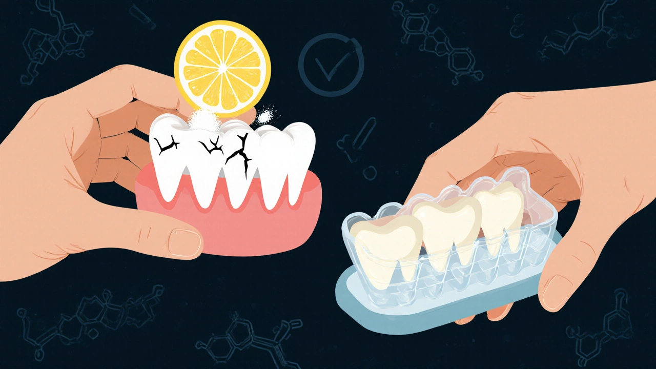Kontrast mezi škodlivými domácími metodami a bezpečným bělením zubů.