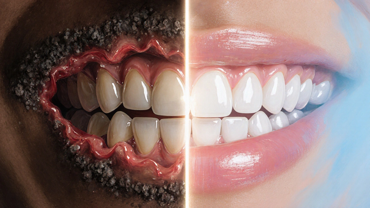 Kontrast mezi znečištěnými a čistými zuby s zdravými dásněmi.