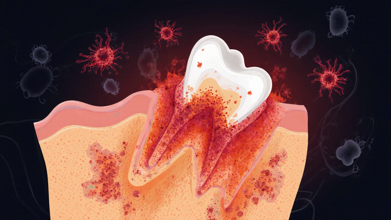 Křížový řez čelisti ukazující zakousnutý zub moudrosti a infekci šířící se do kosti.