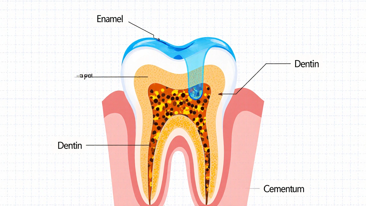 Křížový řez zubu s peroxidem pronikajícím do sklovinky a rozkládajícím žluté pigmenty.