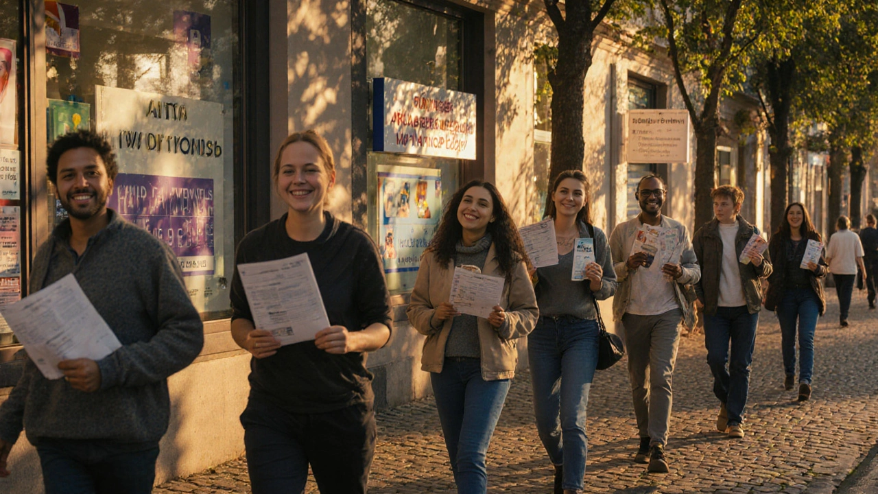 Lidé v Praze vstupují do různých zubních ordinací po občanské ulici v zlatém světle.
