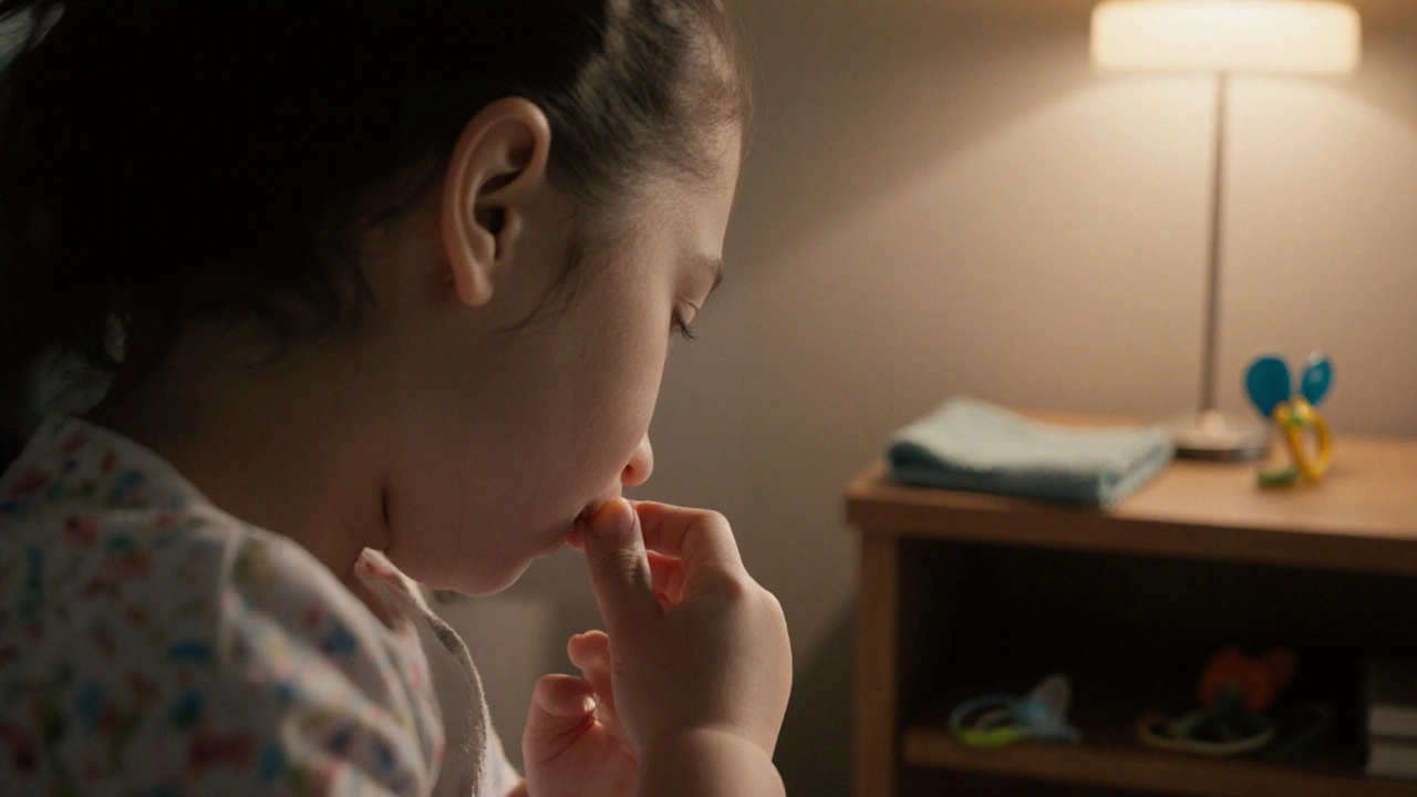 Matka jemně masíruje dásně svého dítěte čistým prstem ve večerním světle.