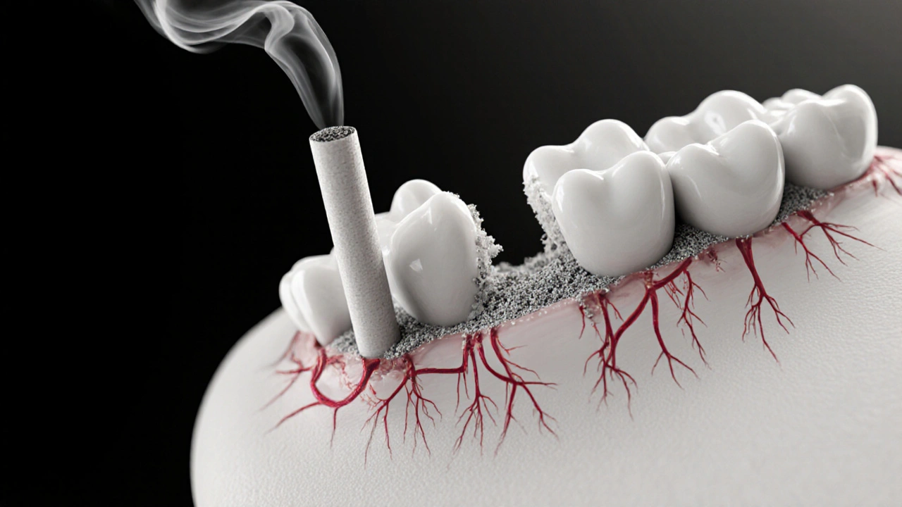 Mezera mezi zuby s rozpadající se kostí a kouřem cigarety jako symbol zanedbávání.