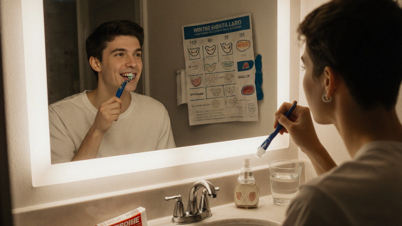Muž se zdráhá čistit zuby tvrdým kartáčkem, v zrcadle se odráží zubní mapa poškození.
