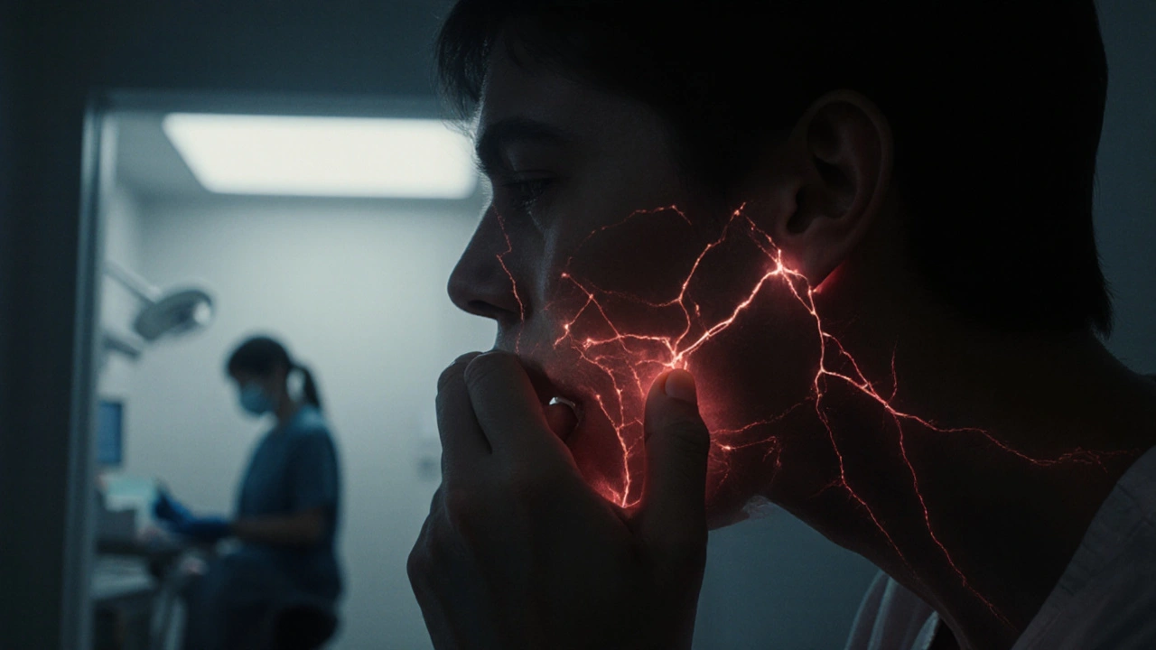 Osoba držící si tvář v bolesti, s červenými žilami šířícími se od čelisti k krku.