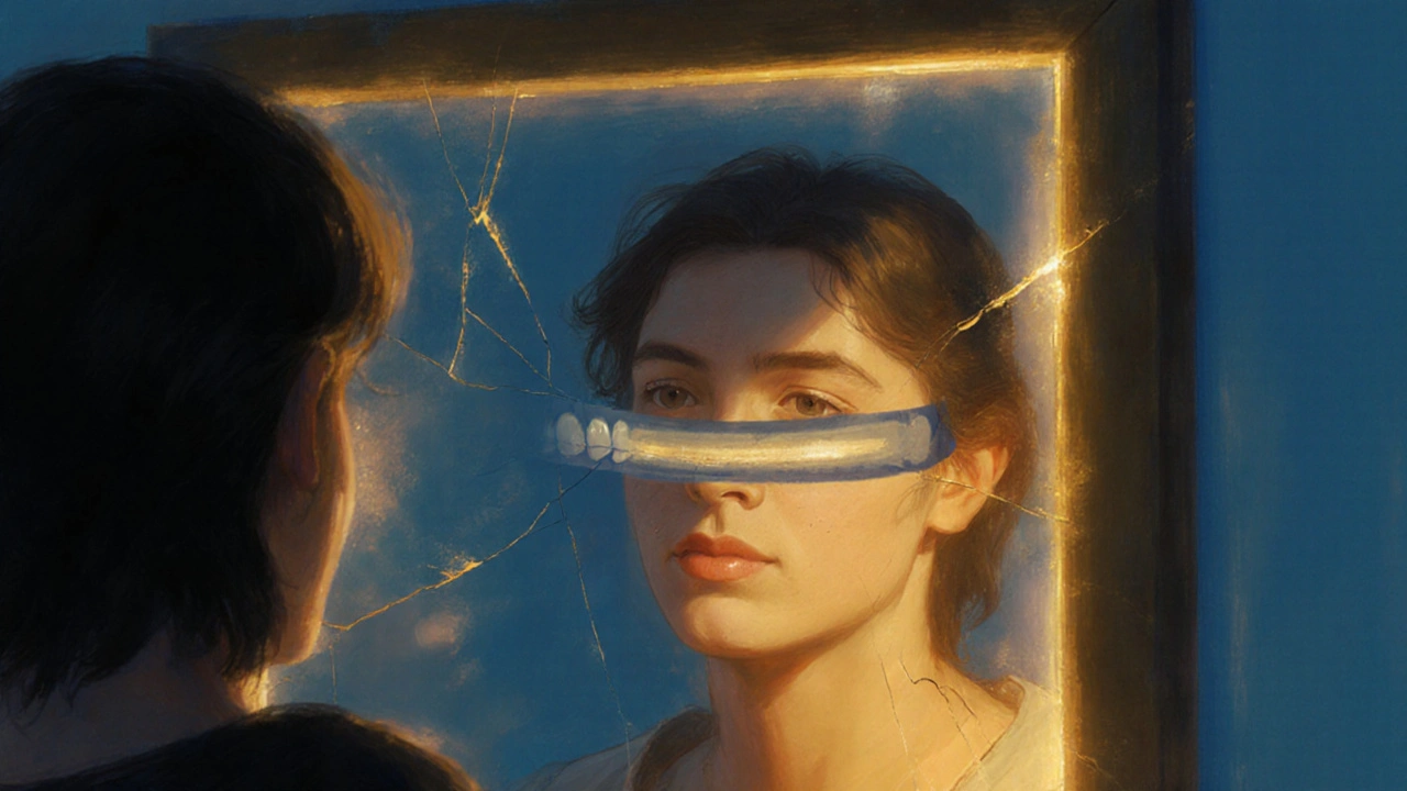 Osoba se dívá do zrcadla, kde její skryté zuby jsou viditelné jako zářivý obraz, symbolizující vnitřní konflikt.