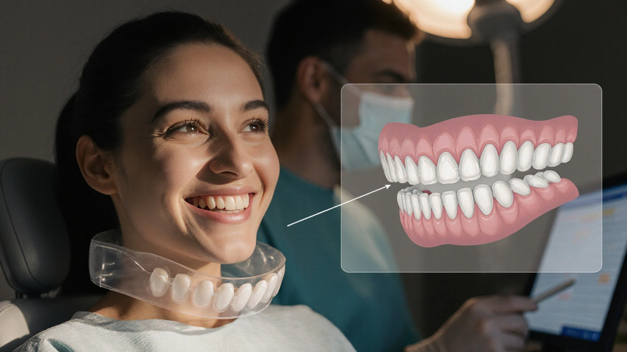 Pacient se směje v zubní klinice s ochrannou štětinou, zatímco kompozitní náhrada praská na pozadí.