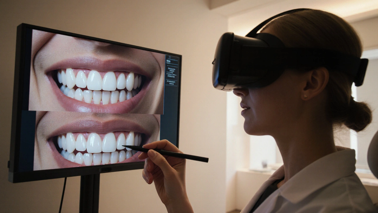 Pacientka si prohlíží virtuální návrh tvarů fazet v headsetu při konzultaci s dentistou.