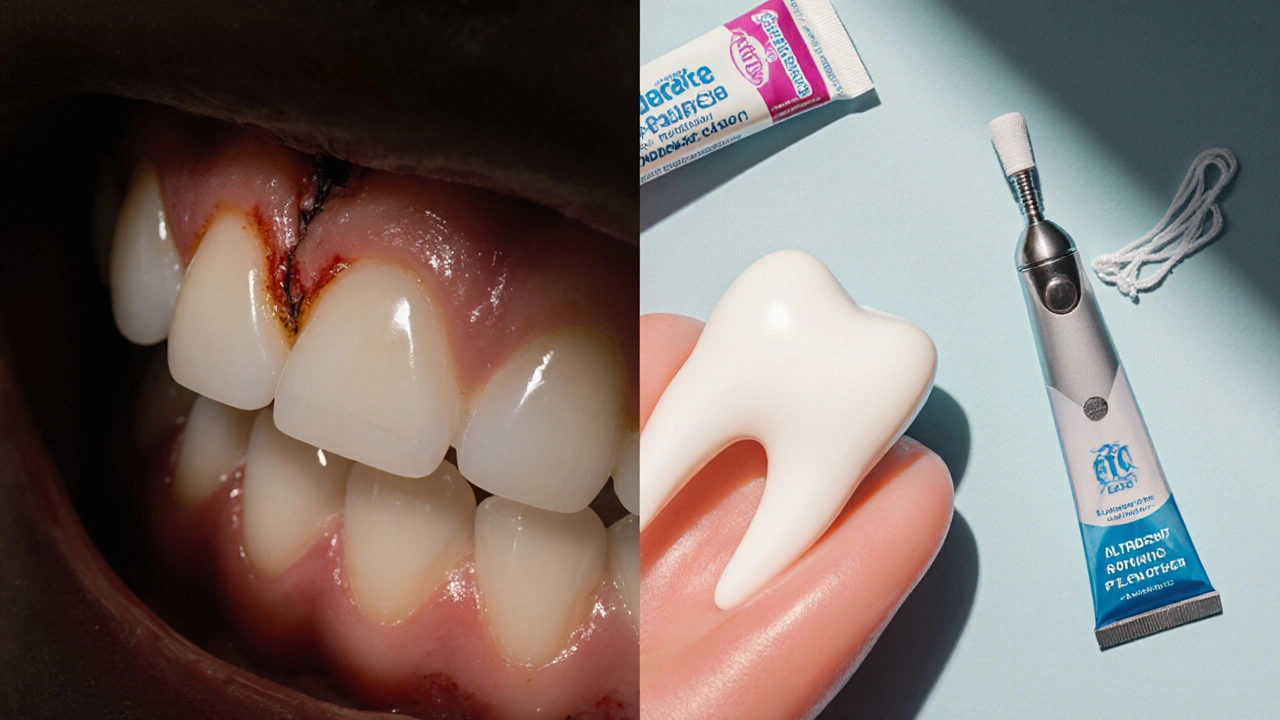 Porovnání poškozeného a zdravého zubu s prevenčními nástroji