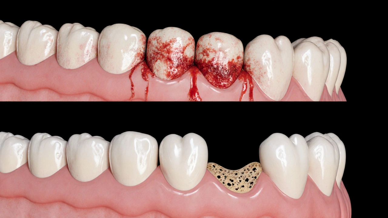 Postupné poškození dásní od zdravého stavu až po ztrátu kosti a zubu.