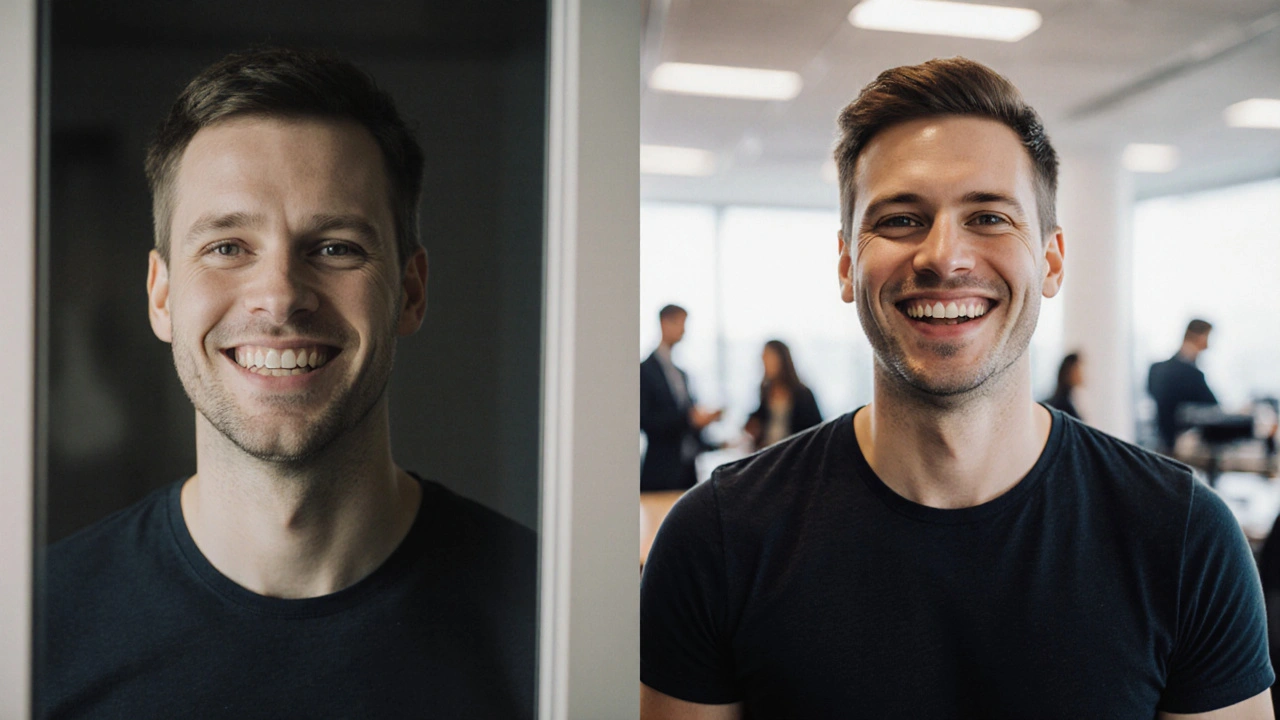 Před a po: muž před a po opravě zubů v kanceláři.