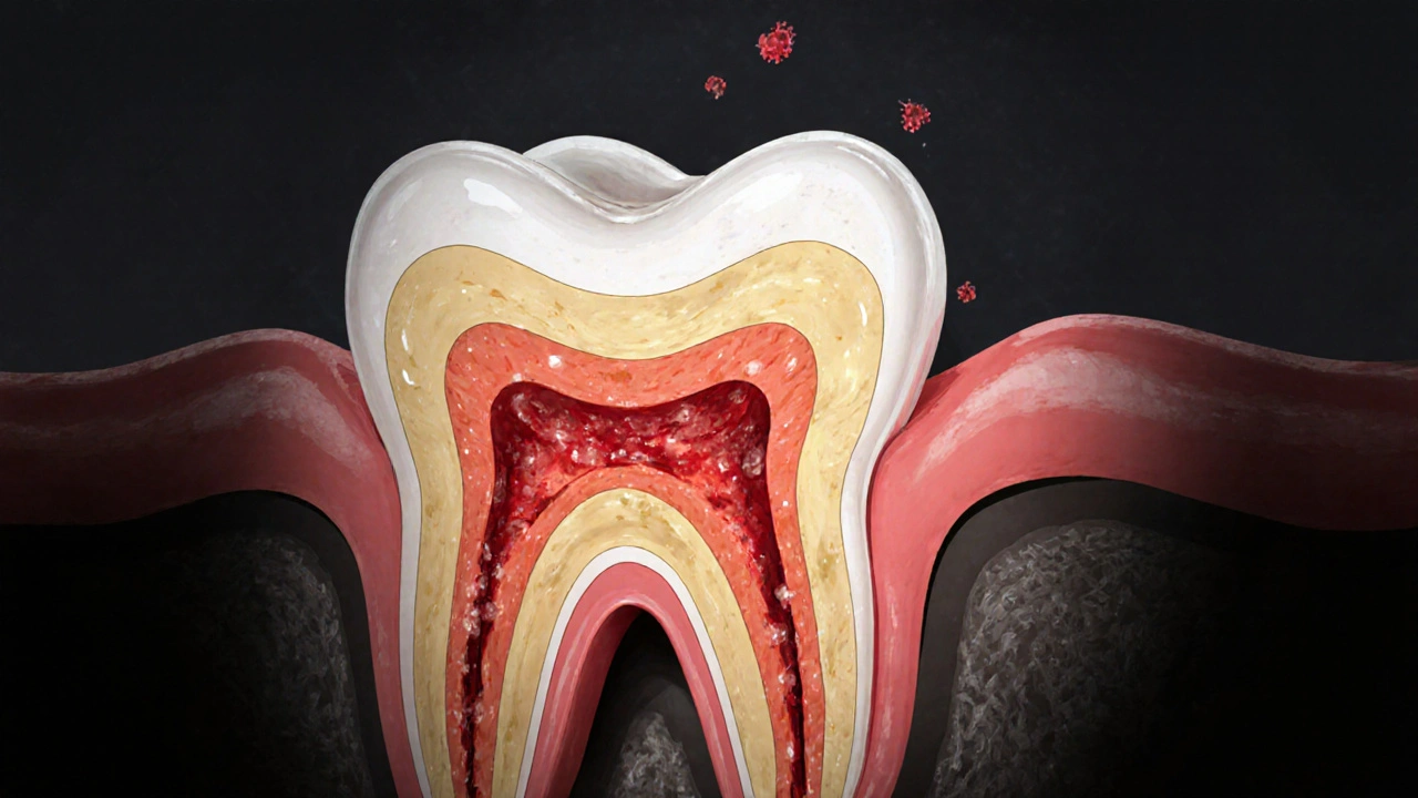 Průřez zubu s bakteriemi ničícími dásně a kost.