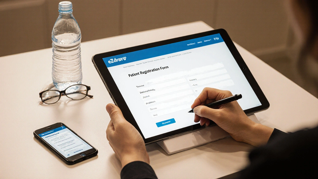 Ruka podepisuje elektronický formulář pro přihlášení k novému zubnímu lékaři na tabletu.