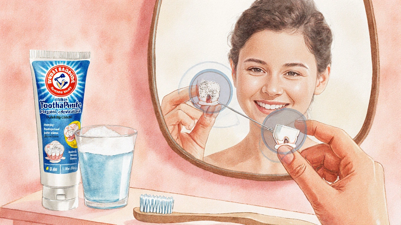 Ruka používá zubní nit s viditelným čištěním mezery mezi zuby.