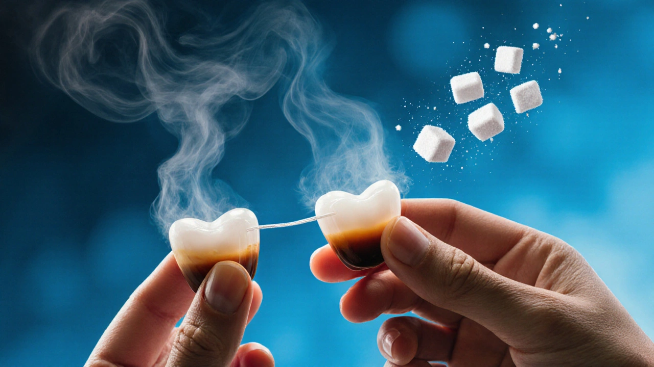 Ruka s nití mezi zuby, kávová pára se mění v ochranné štíty