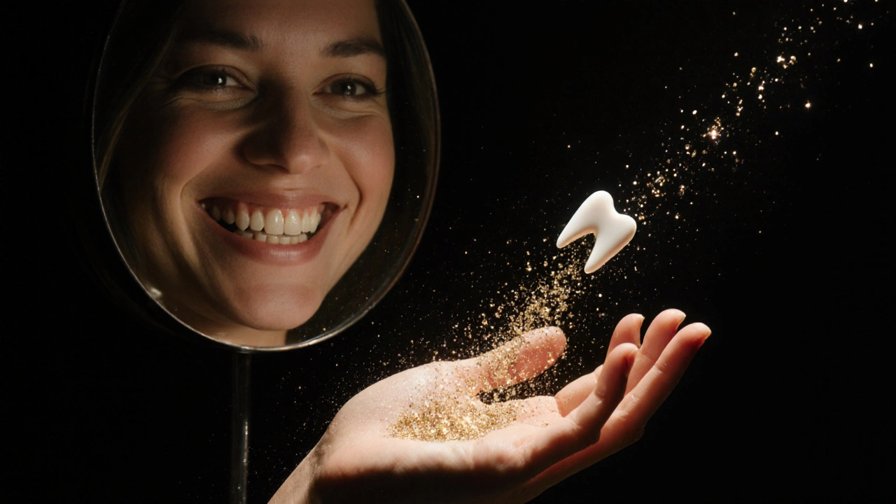 Rukou uvolňovaná keramická zubní náhrada se mění v zlaté částice, zatímco v zrcadle vidíme úsměv.