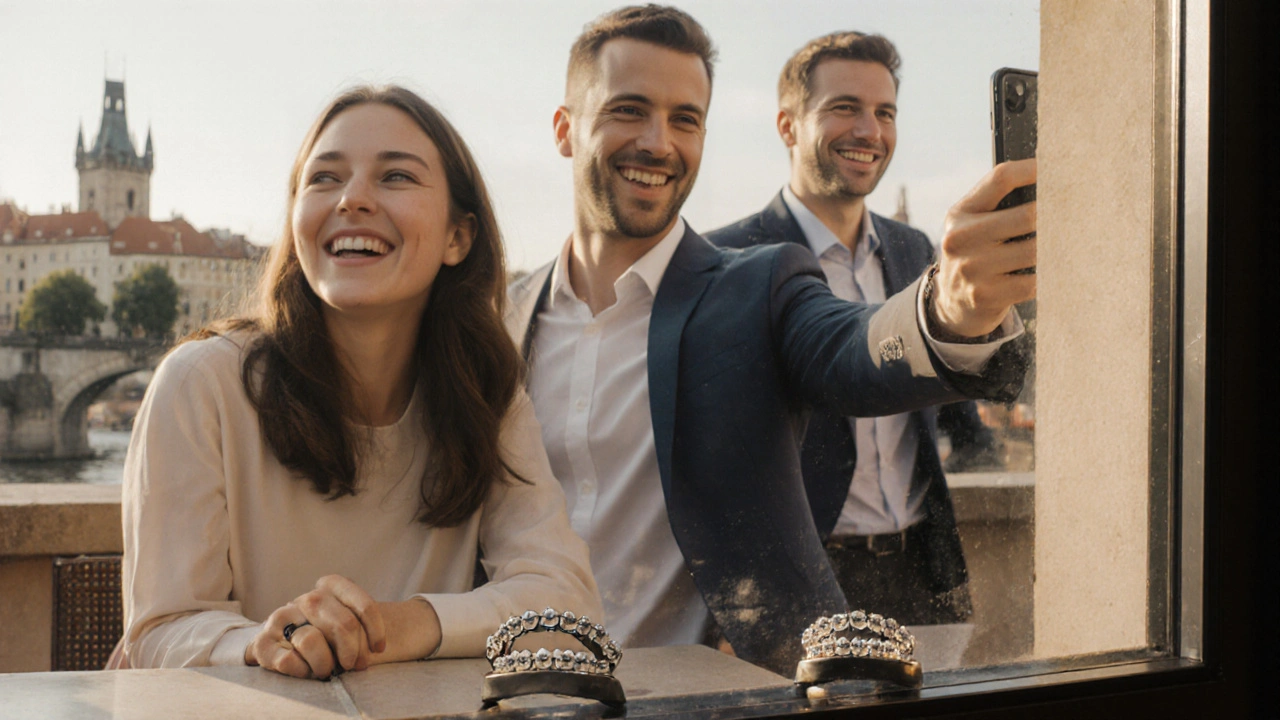 Různí dospělí Češi v běžných situacích s téměř neviditelnými ortodontickými zařízeními, osvětlení přirozeným světlem.